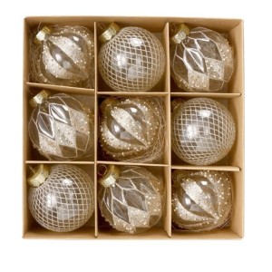Bombki choinkowe złote 9 szt.  Ozdoby świąteczne z brokatem i wzorami