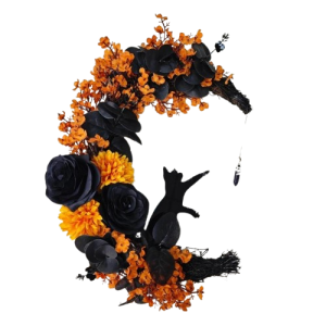 Halloweenowa Girlanda Księżyc z Czarnym Kotem LED - Pomarańczowe Kwiaty, Wianek na Drzwi 35x25cm