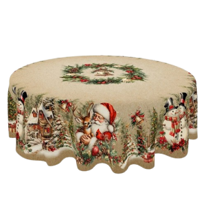 Obrus Świąteczny Vintage – Dekoracja na Stół z Mikołajem i Bałwankiem
