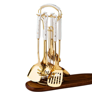 Luksusowy Zestaw Przyborów Kuchennych 7 el. – Stal Nierdzewna i Ceramika, Złoty/Nordic Design