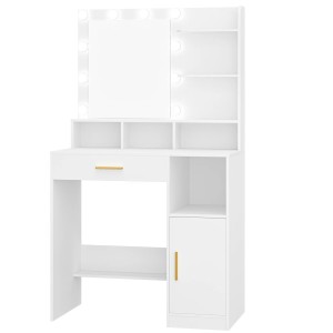 Toaletka Hzuaneri z Lustrem i 10 LED – Nowoczesna Komoda do Sypialni, Biała, 80cm