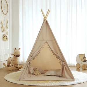 Namiot Tipi dla Dzieci 160cm – Wigwam do Pokoju i Ogrodu, Beżowy Teepee z Pomponami