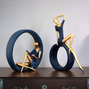 Zestaw 2 Figurek Dekoracyjnych – Dziewczyna Czytająca i Joga, Statuetki z Żywicy Niebiesko-Złote, Nowoczesne Ozdoby na Regał i Biurko, Elegancki Prezent 