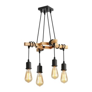 Drewniana Lampa Wisząca Industrialna 4x E27 Żyrandol Loft Vintage