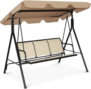 Huśtawka Ogrodowa 3-osobowa z Regulowanym Daszkiem – Brązowa | 170x110x155 cm 