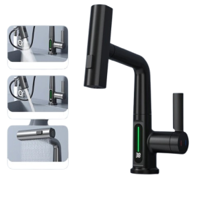 Nowoczesna Bateria Umywalkowa z Wyświetlaczem LED i Wyciąganą Wylewką 3 Tryby Pracy Regulacja Wysokości