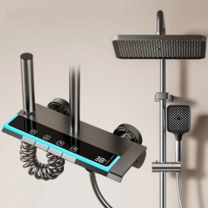 Zestaw Prysznicowy z Deszczownicą i Termostatem LED – System 4-Funkcyjny Gunmetal Gray 