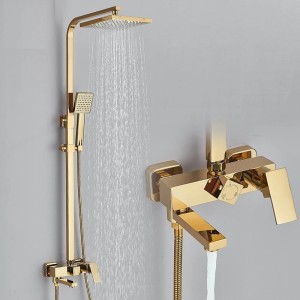 Złota Bateria Prysznicowa z Deszczownicą 20cm i Obrotową Wylewką Wannową – Kompletny Zestaw Natryskowy