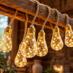 Girlanda Solarna Ogrodowa na Sznurze Konopnym Edison LED 4M / 6M / 8M – Ciepła Biel, 8 Trybów Lighting 