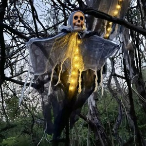 Halloweenowa Wisząca Czaszka LED 80cm – Przerażający Świecący Duch w Szacie 