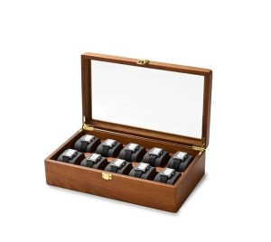 Eleganckie Drewniane Etui na 10 Zegarków  z Przeszkloną Pokrywą