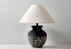 Lampka Stołowa Ceramiczna z Lnianym Kloszem