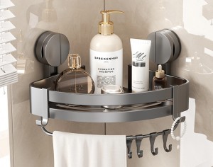 Narożna półka prysznicowa na kosmetyki szara z haczykami